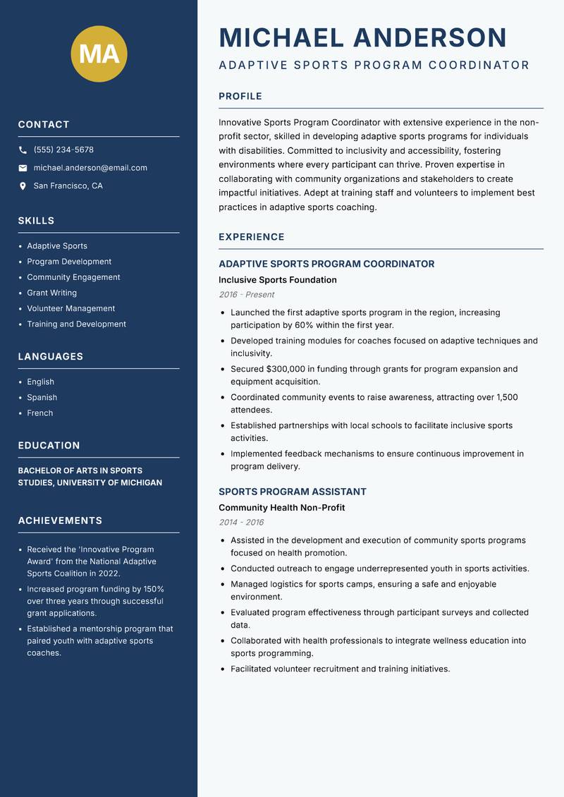 Sports Program Coordinator resume template — Classic Clean