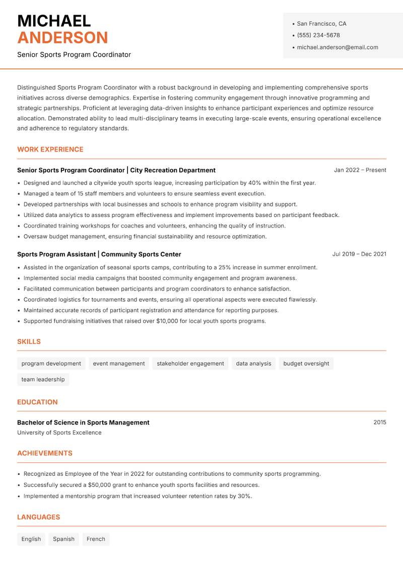 Sports Program Coordinator resume template — Modern Professional