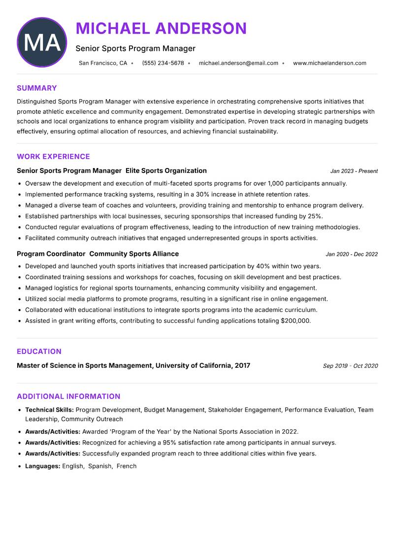 Sports Program Manager resume example — ATS-friendly template