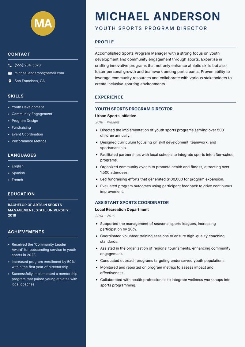 Sports Program Manager resume template — Classic Clean