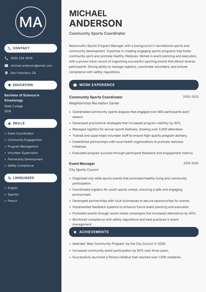 Sports Program Manager resume template — Compact