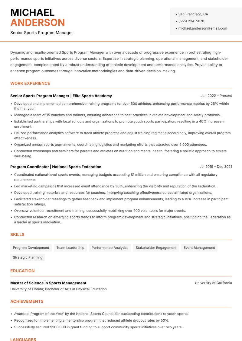Sports Program Manager resume template — Modern Professional