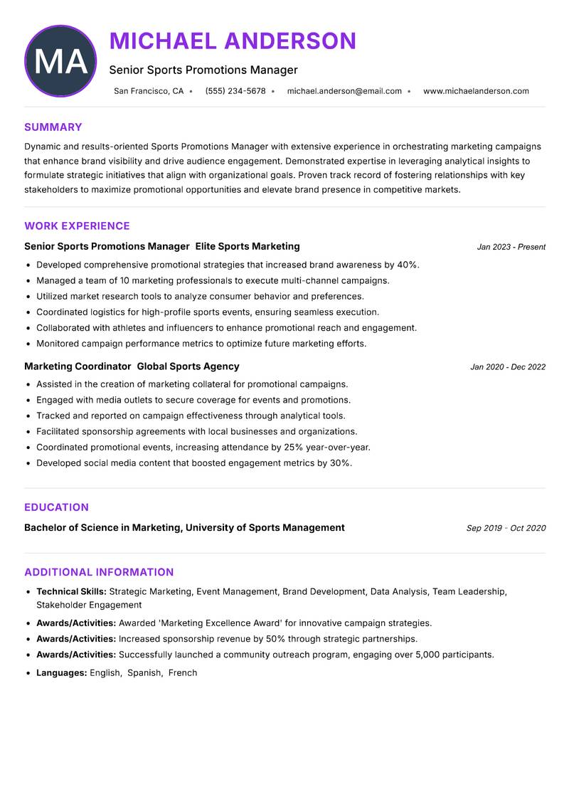 Sports Promotions Manager resume example — ATS-friendly template