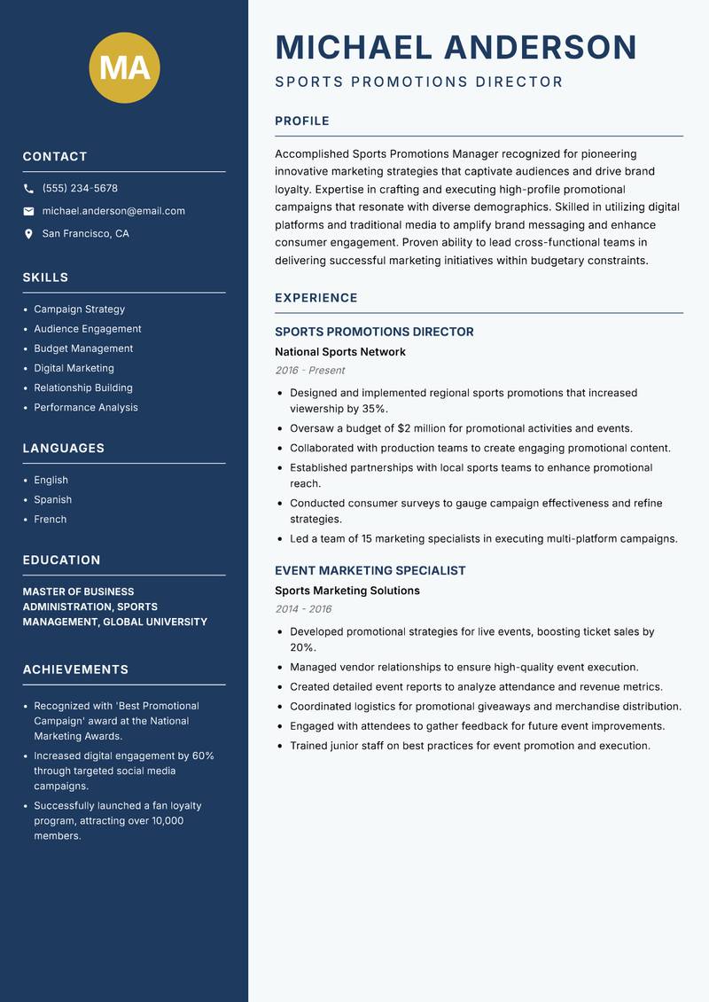 Sports Promotions Manager resume template — Classic Clean