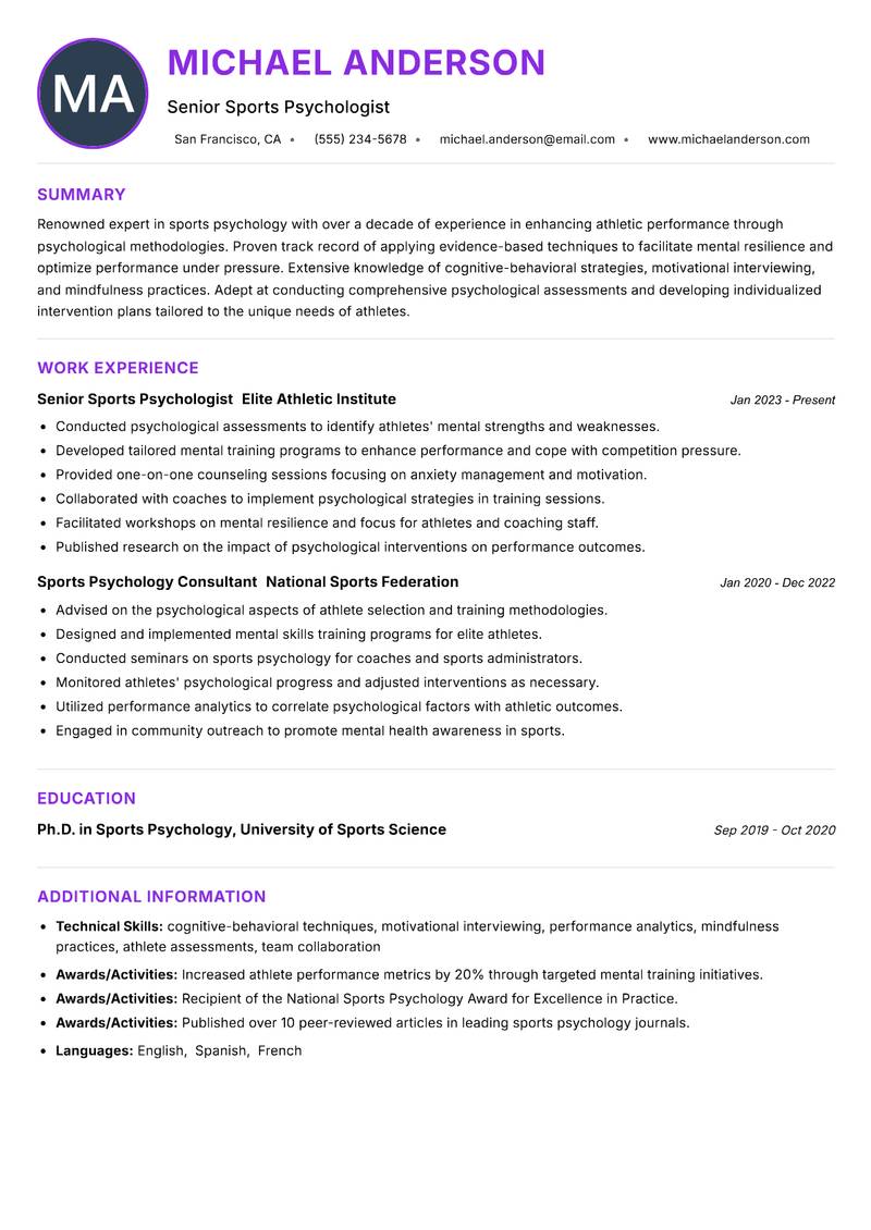 Sports Psychology Scientist resume example — ATS-friendly template