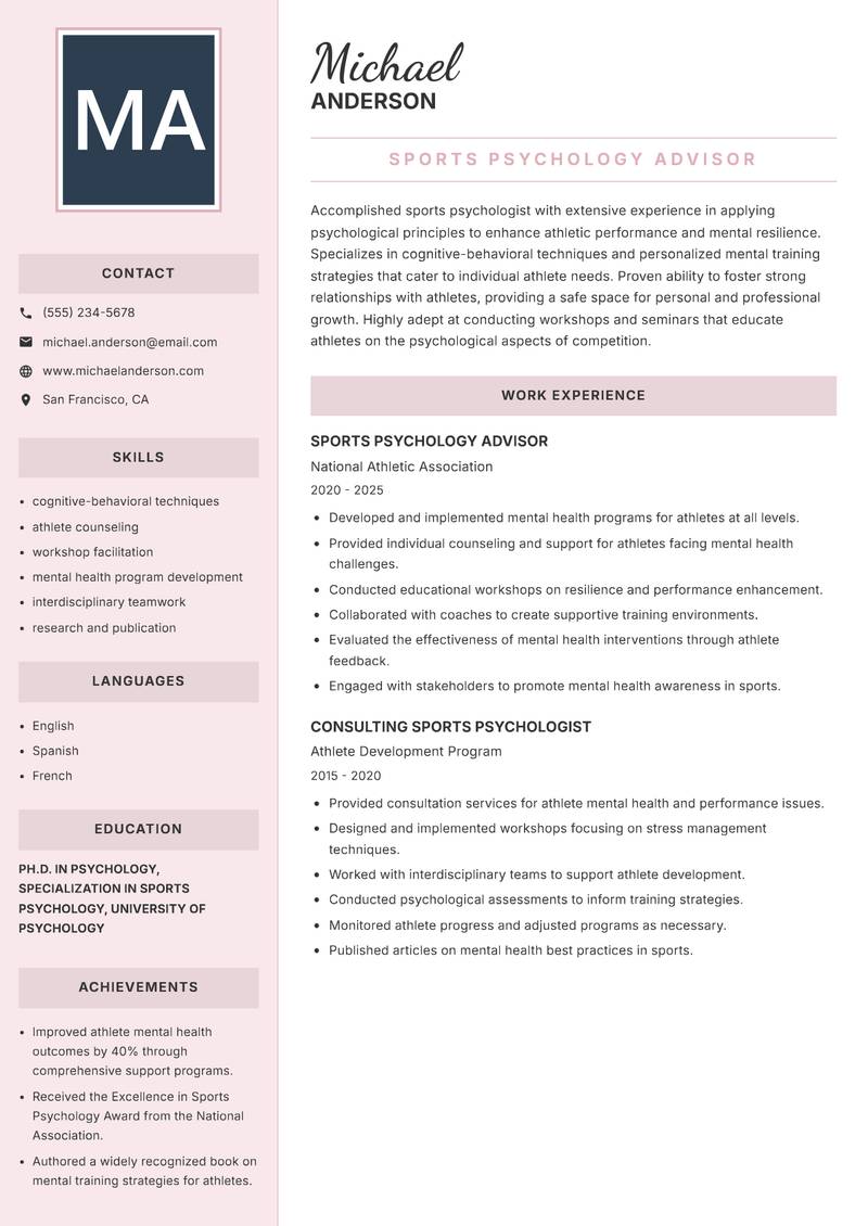 Sports Psychology Scientist resume template — Executive