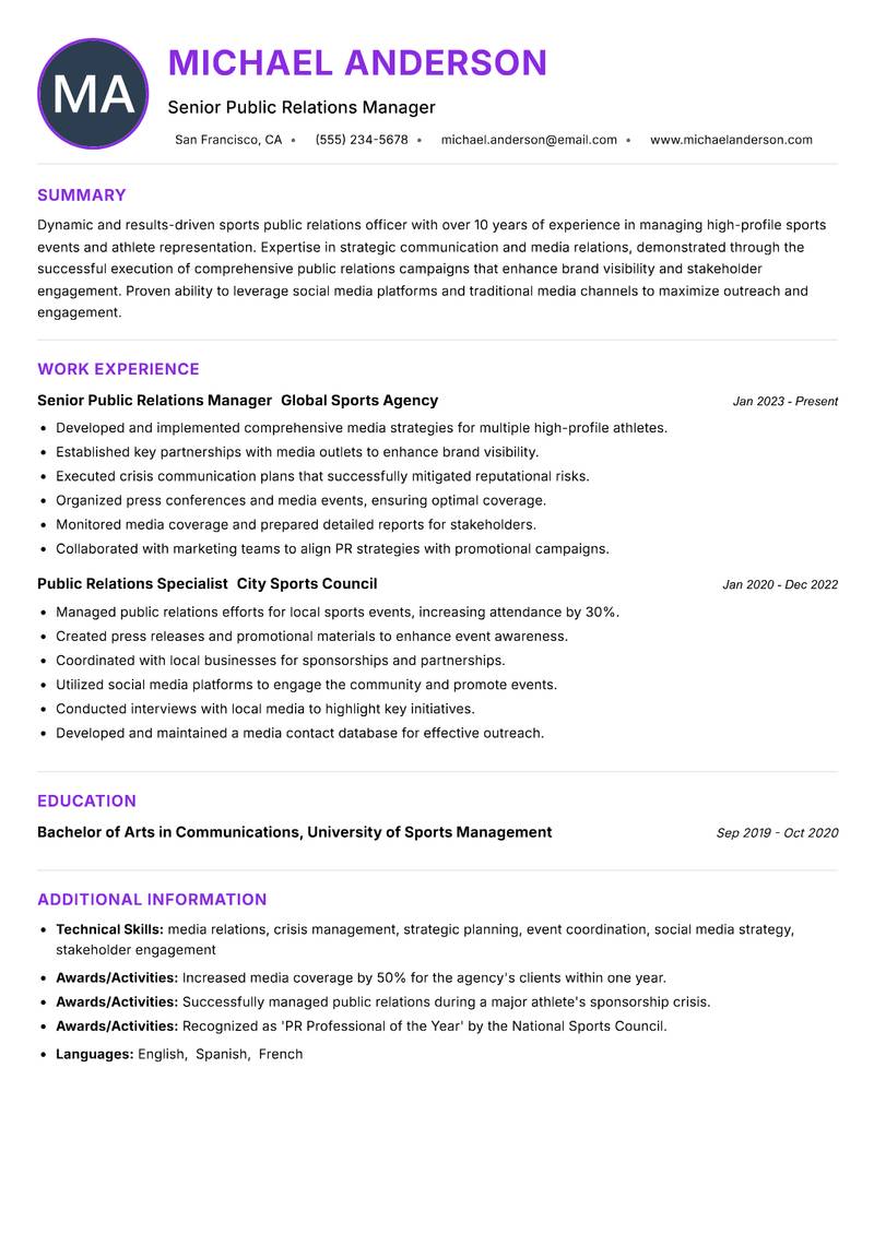 Sports Public Relations Officer resume example — ATS-friendly template