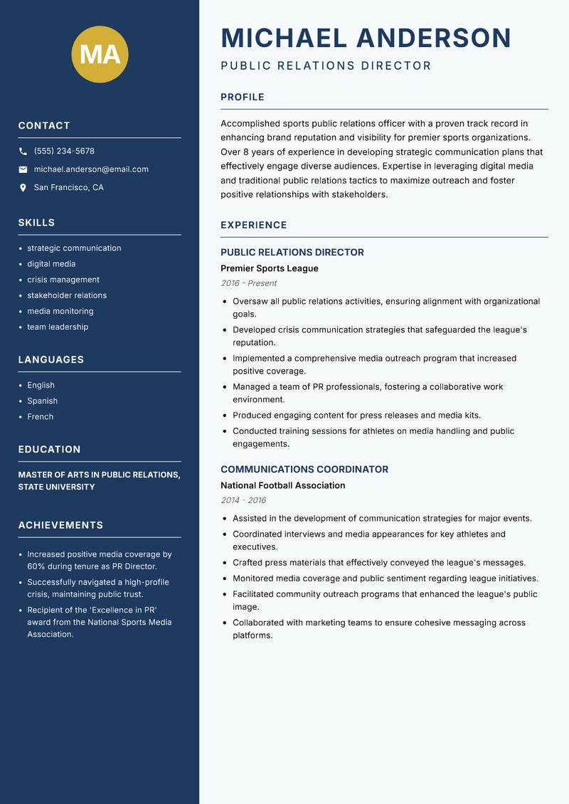 Sports Public Relations Officer resume template — Classic Clean