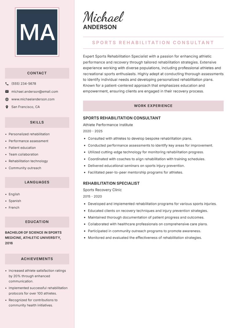 Sports Rehabilitation Specialist resume template — Executive