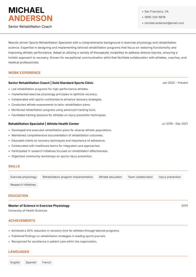 Sports Rehabilitation Specialist resume template — Modern Professional