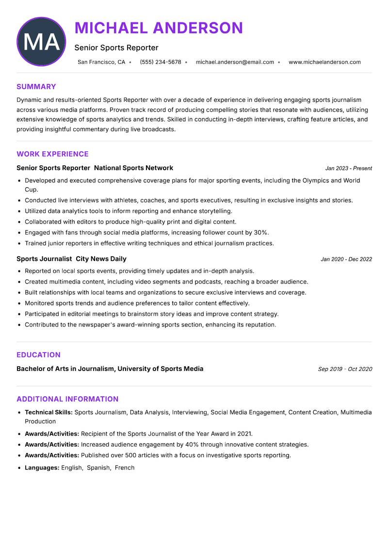 Sports Reporter resume example — ATS-friendly template