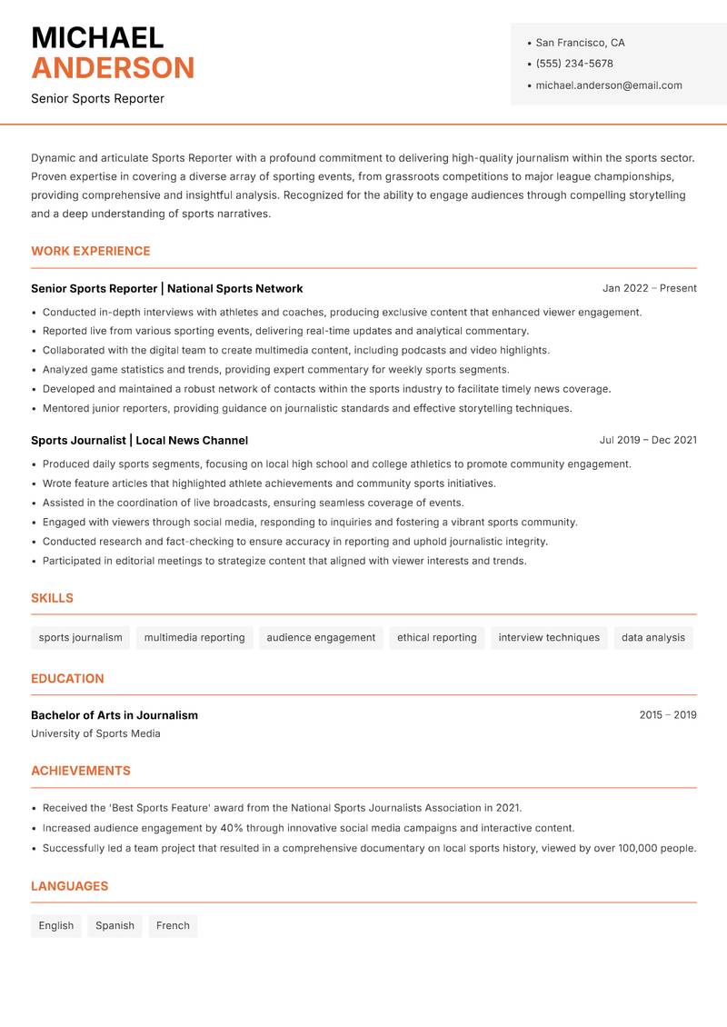 Sports Reporter resume template — Modern Professional