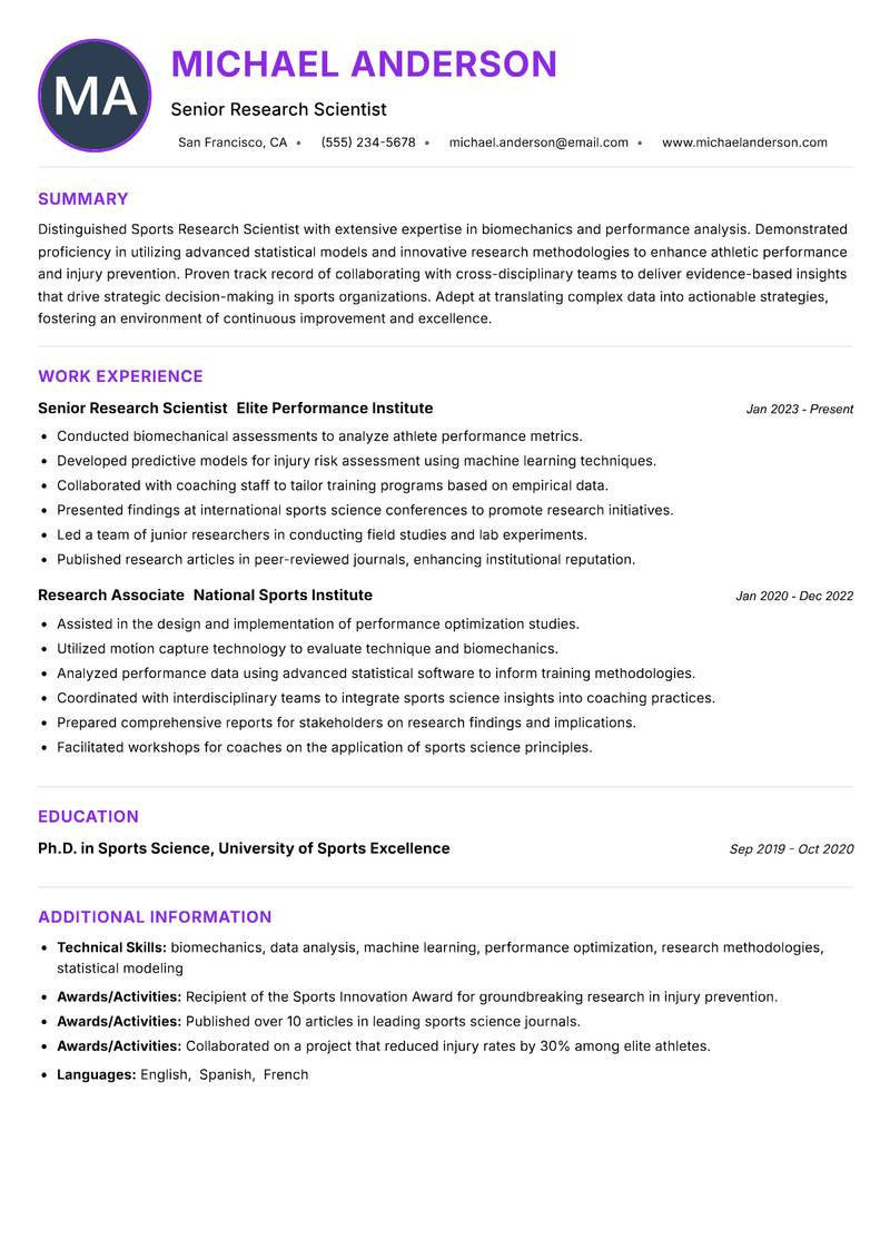 Sports Research Scientist resume example — ATS-friendly template