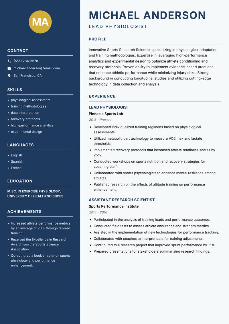Sports Research Scientist resume template — Classic Clean