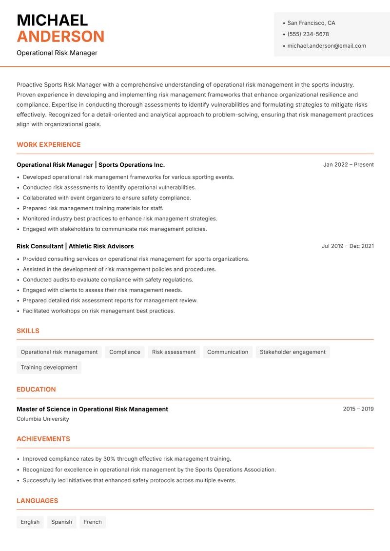 Sports Risk Manager resume template — Modern Professional