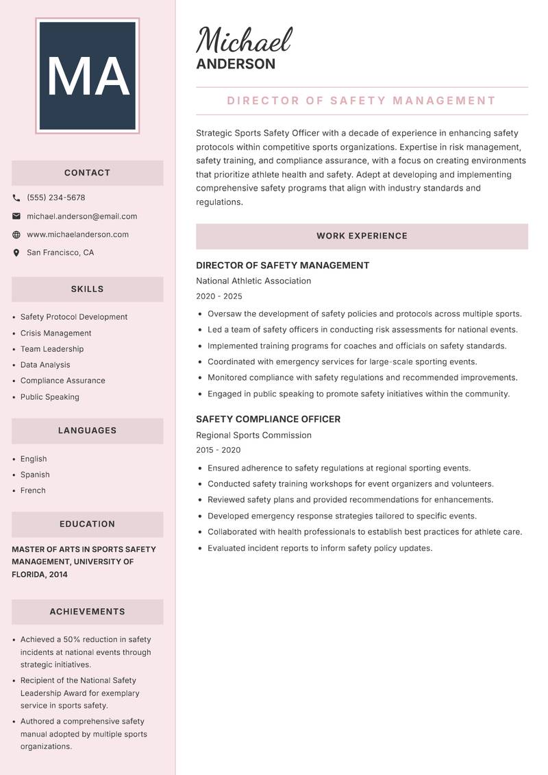 Sports Safety Officer resume template — Executive