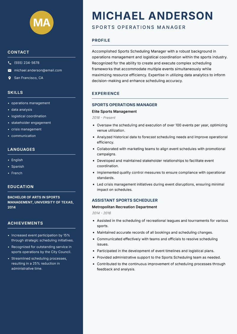 Sports Scheduling Manager resume template — Classic Clean