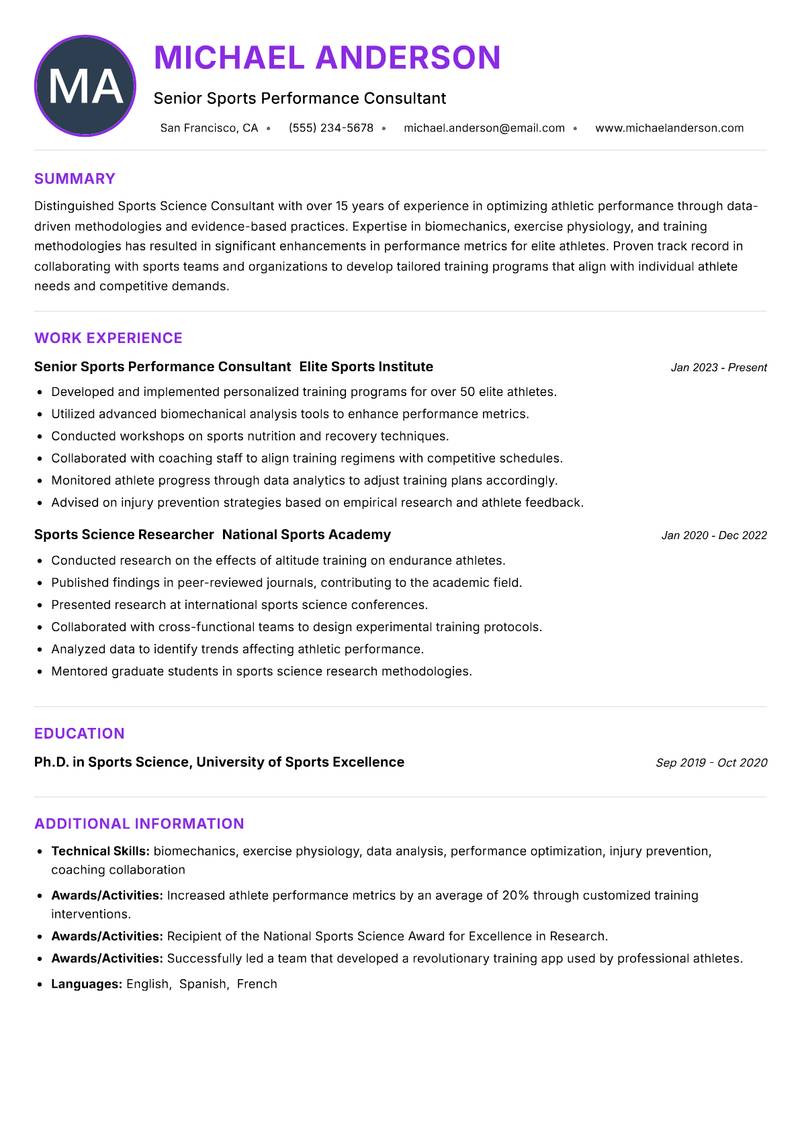 Sports Science Consultant resume example — ATS-friendly template