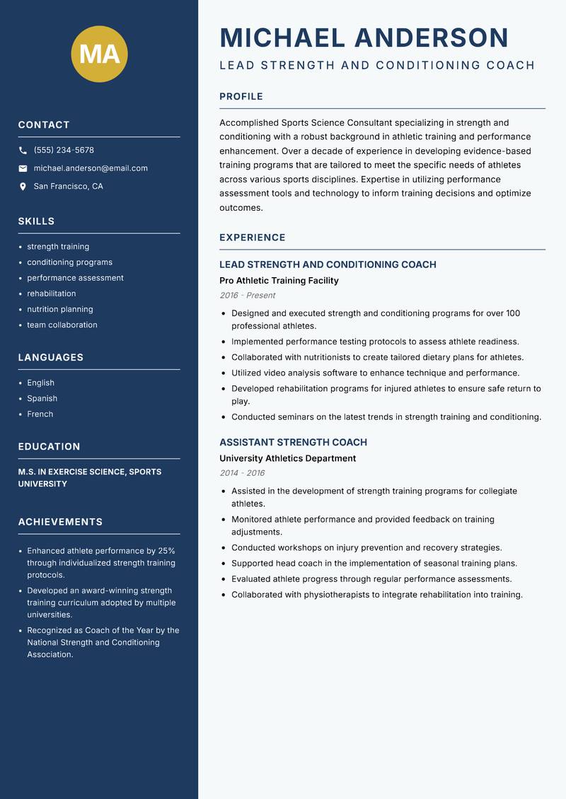 Sports Science Consultant resume template — Classic Clean