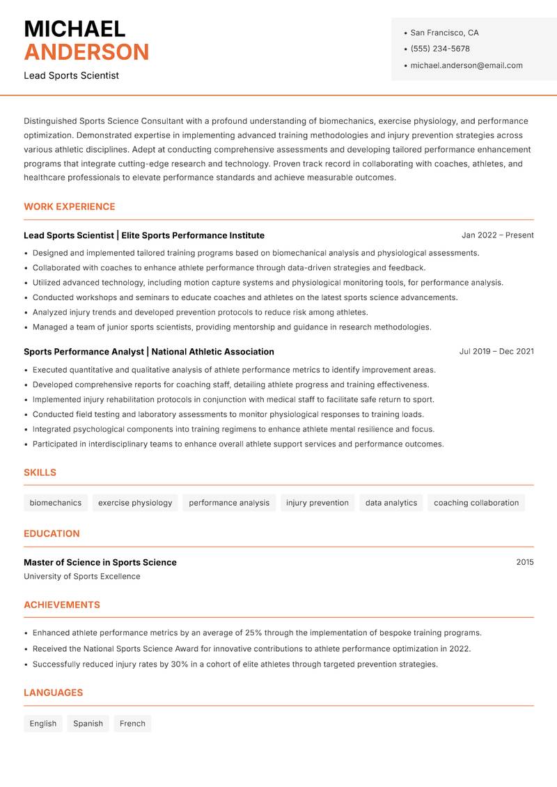 Sports Science Consultant resume template — Modern Professional