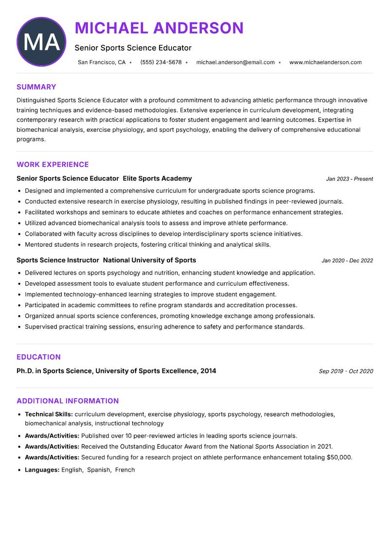 Sports Science Educator resume example — ATS-friendly template