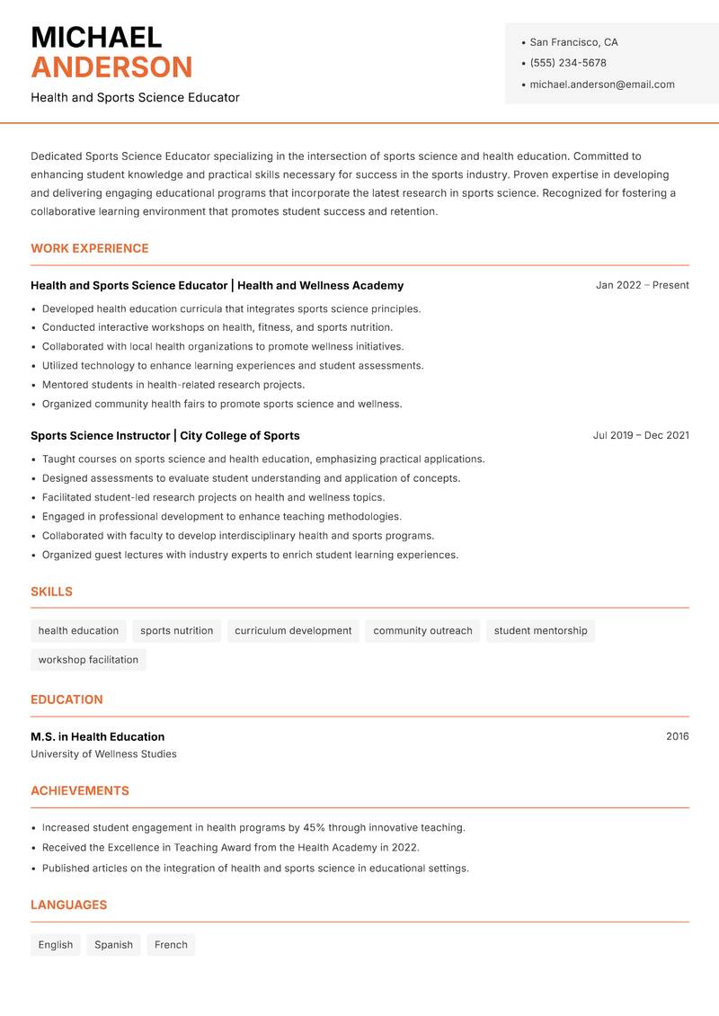 Sports Science Educator resume template — Modern Professional