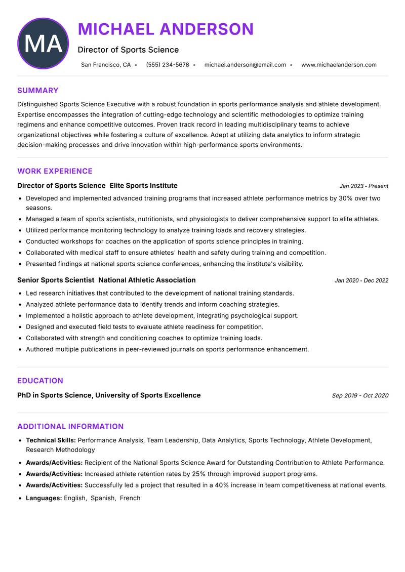 Sports Science Executive resume example — ATS-friendly template
