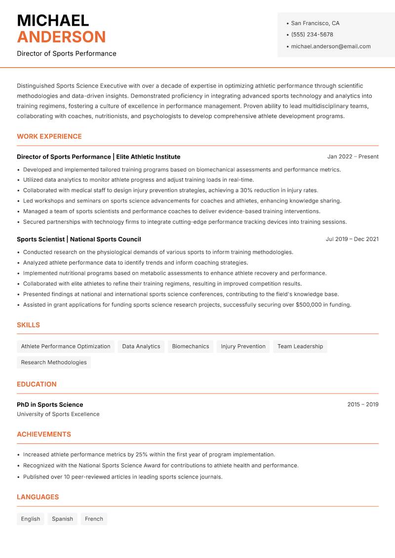 Sports Science Executive resume template — Modern Professional