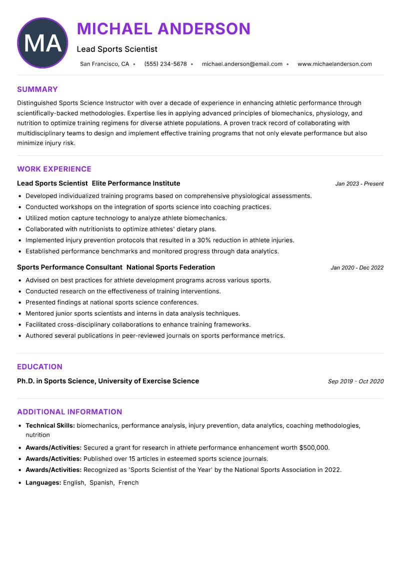 Sports Science Instructor resume example — ATS-friendly template