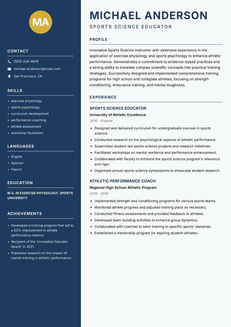 Sports Science Instructor resume template — Classic Clean