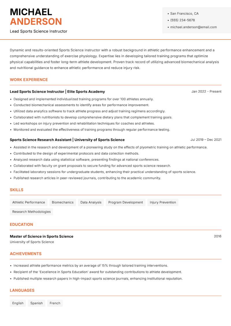 Sports Science Instructor resume template — Modern Professional