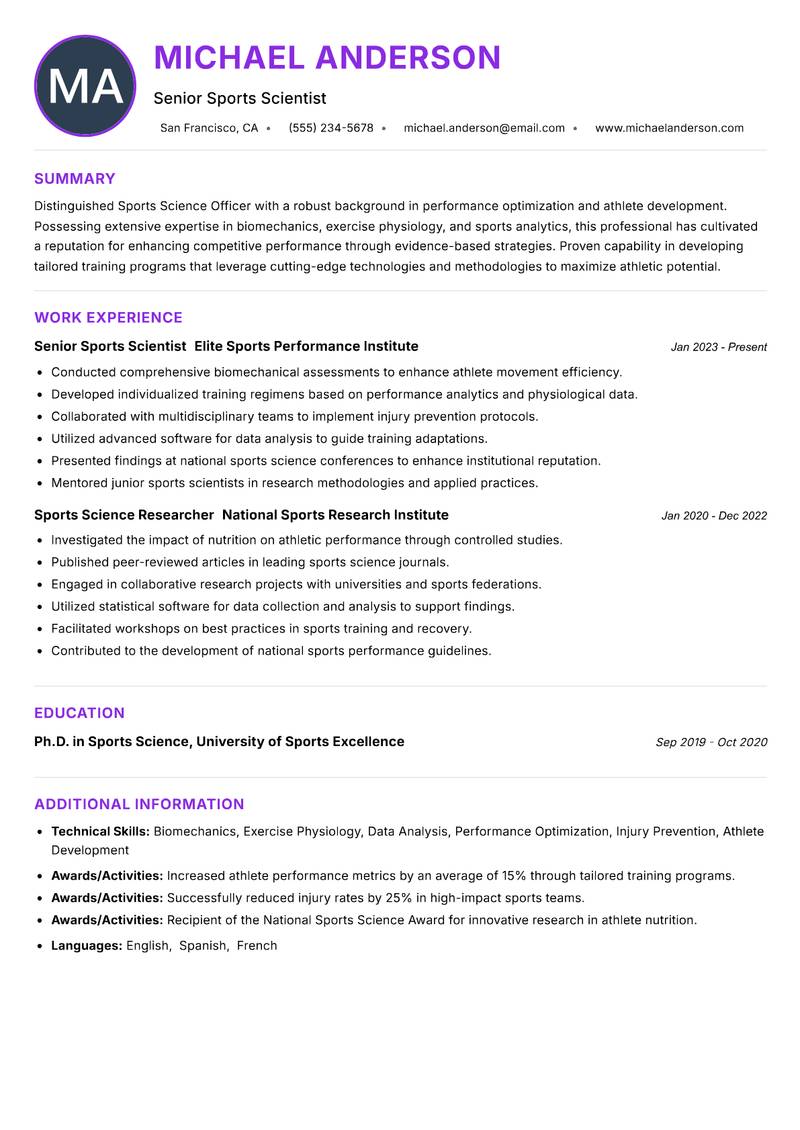 Sports Science Officer resume example — ATS-friendly template