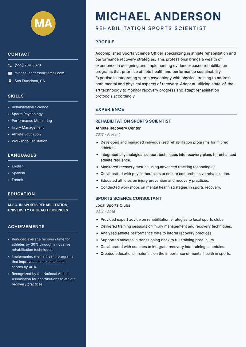 Sports Science Officer resume template — Classic Clean