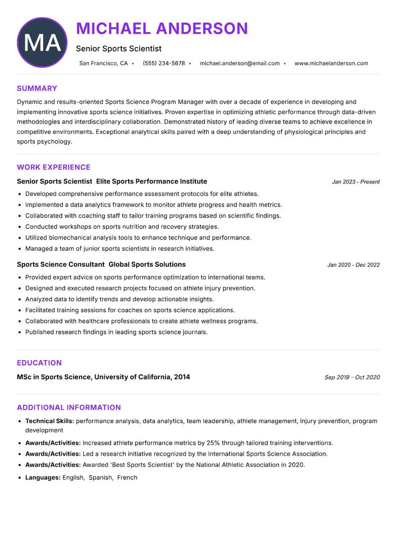 Sports Science Program Manager resume example — ATS-friendly template