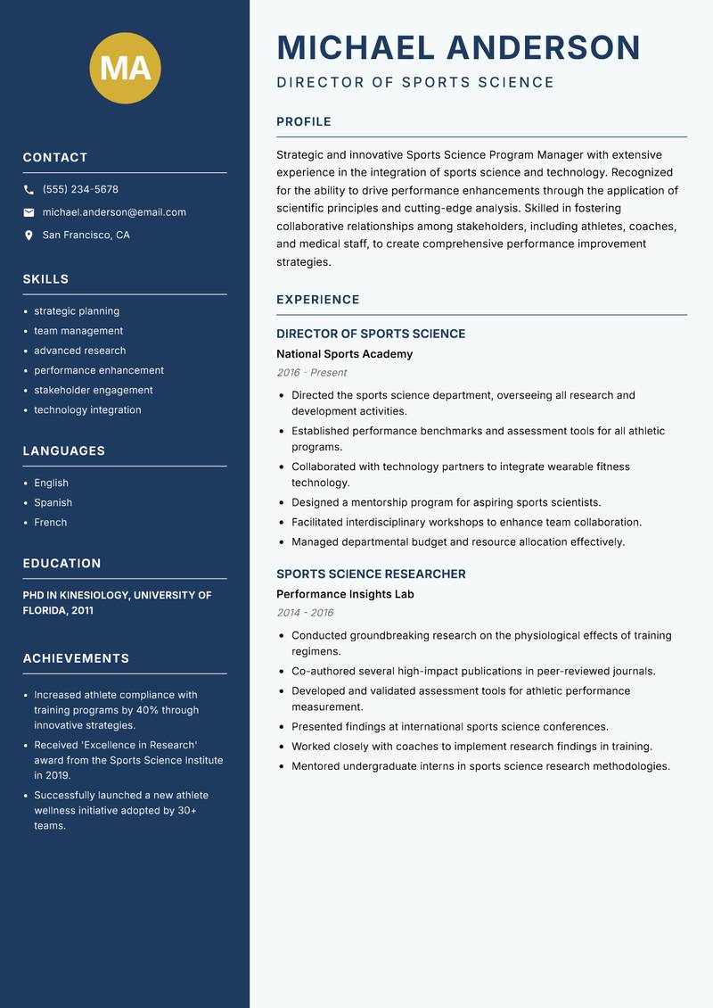 Sports Science Program Manager resume template — Classic Clean