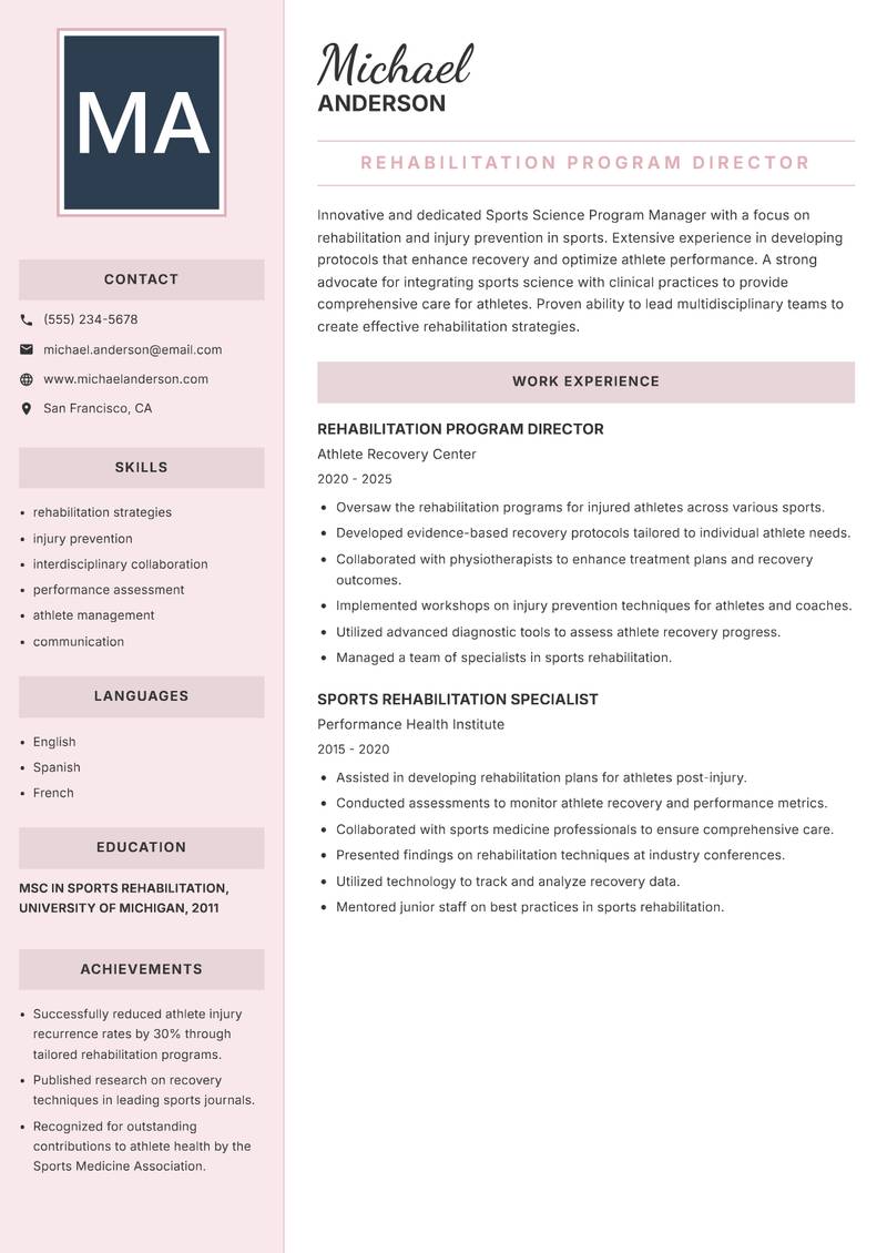 Sports Science Program Manager resume template — Executive