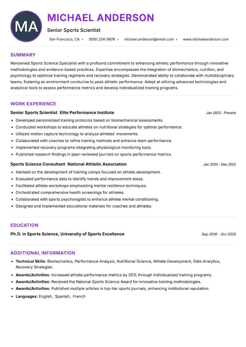 Sports Science Specialist resume example — ATS-friendly template