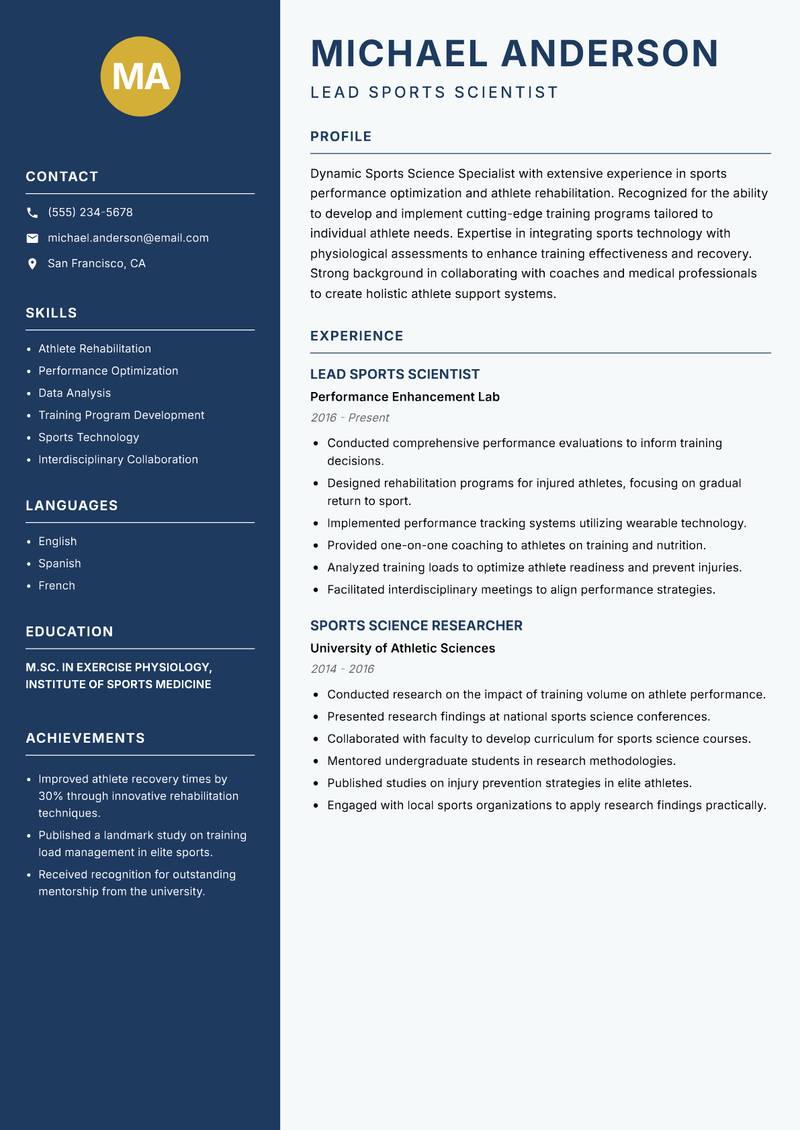 Sports Science Specialist resume template — Classic Clean