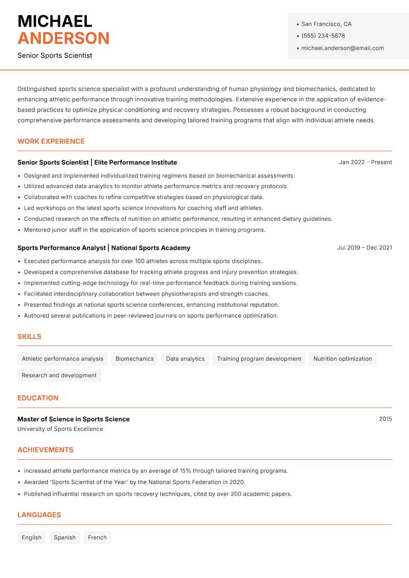 Sports Science Specialist resume template — Modern Professional