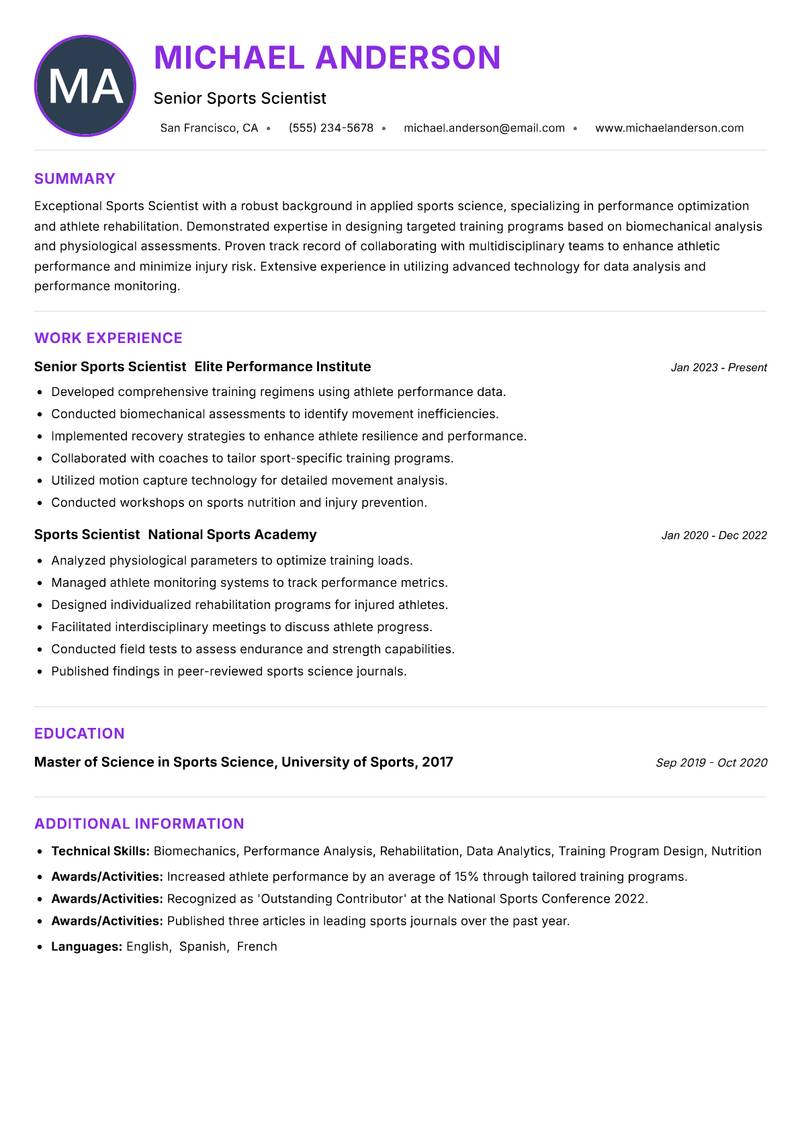 Sports Scientist resume example — ATS-friendly template