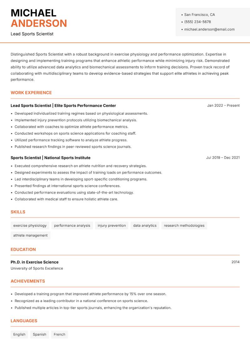 Sports Scientist resume template — Modern Professional