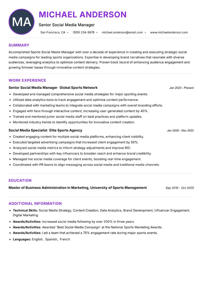 Sports Social Media Manager resume example — ATS-friendly template