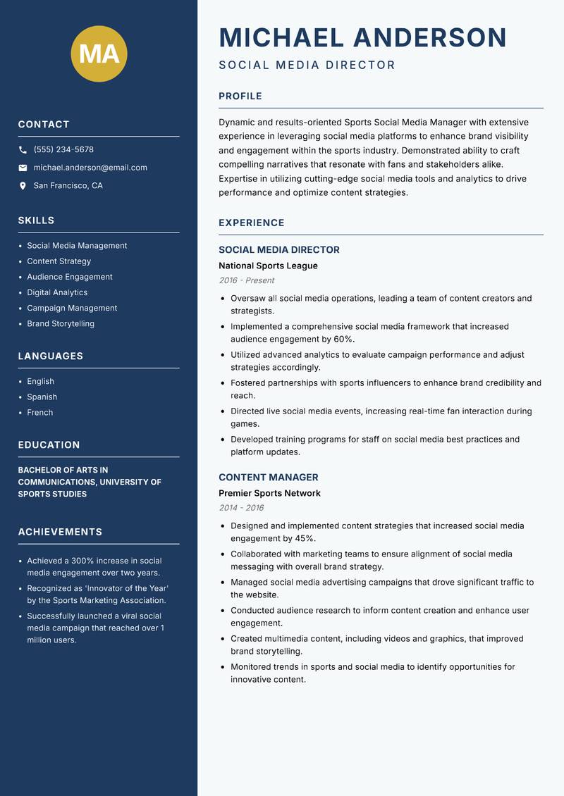 Sports Social Media Manager resume template — Classic Clean