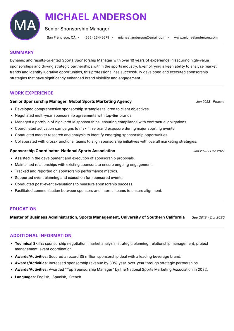 Sports Sponsorship Manager resume example — ATS-friendly template