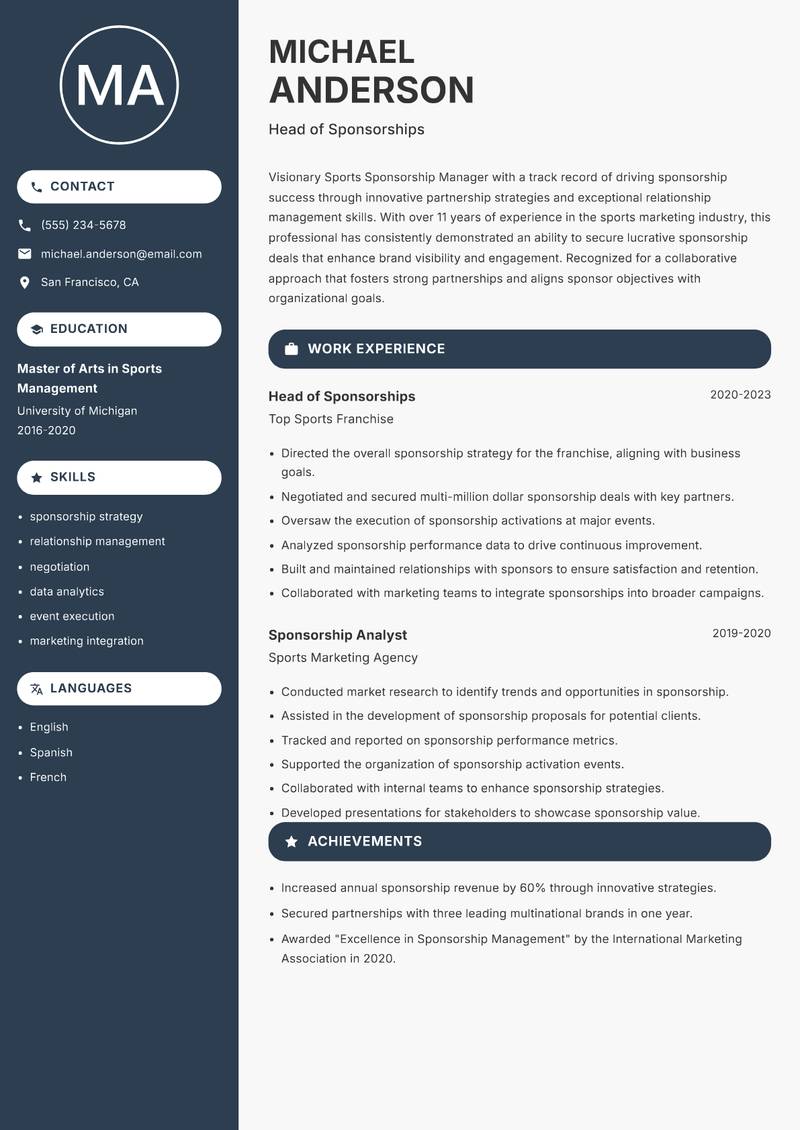Sports Sponsorship Manager resume template — Compact