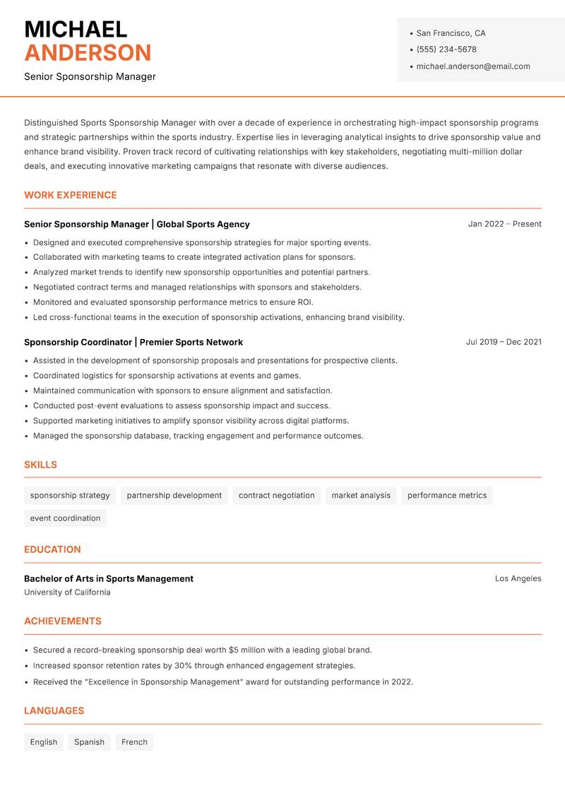 Sports Sponsorship Manager resume template — Modern Professional
