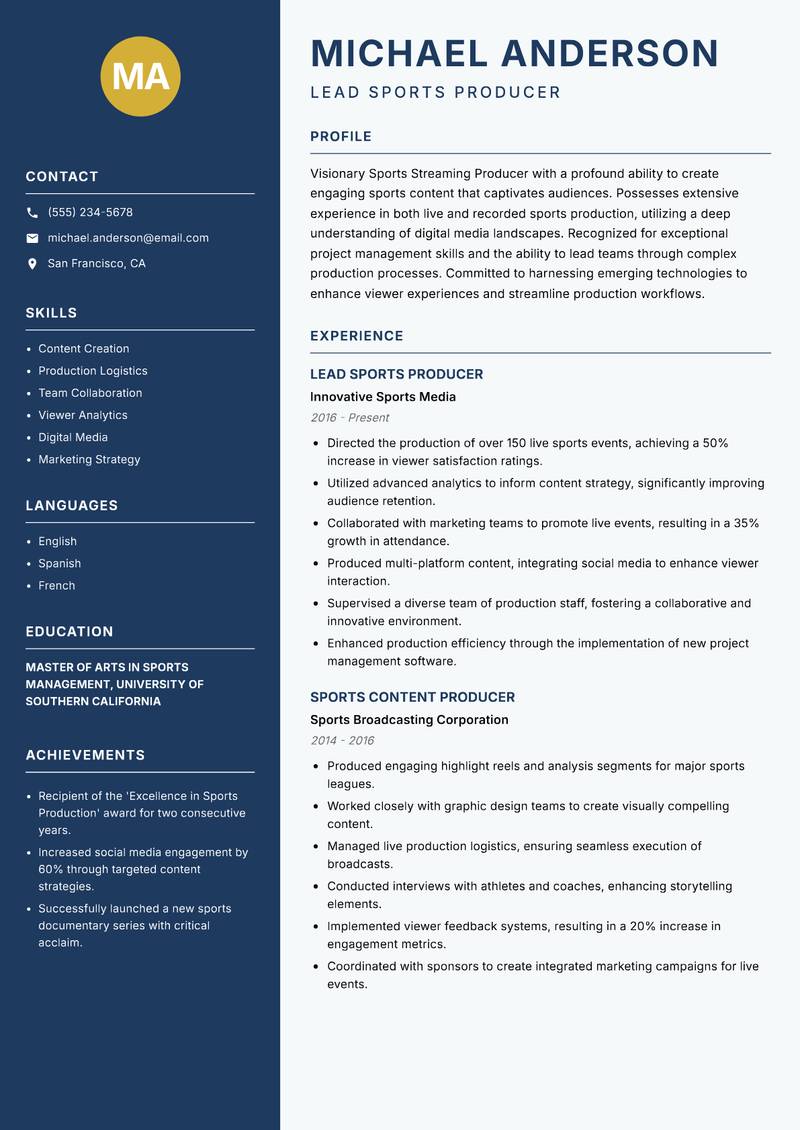 Sports Streaming Producer resume template — Classic Clean