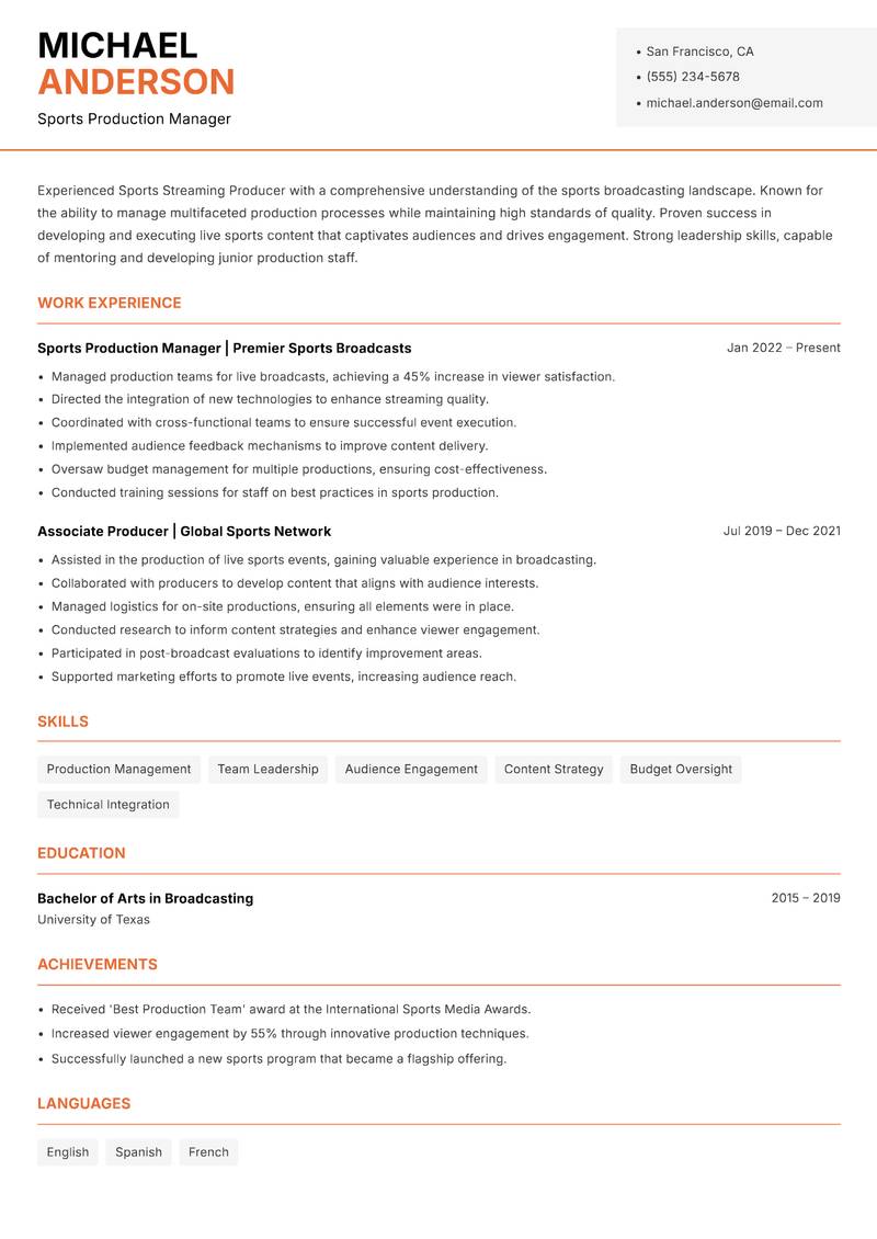 Sports Streaming Producer resume template — Modern Professional
