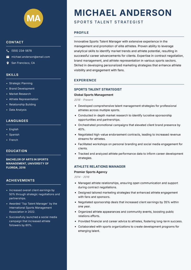 Sports Talent Manager resume template — Classic Clean