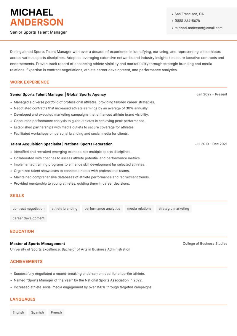 Sports Talent Manager resume template — Modern Professional